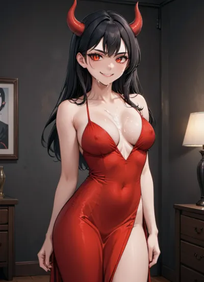 painted art, not photo, anime art, The devil from VK stickers, art, drawing, sexy pose, slim girl, tall, average chest, not big chest, fit, red tight dress, dress with a slit at the bottom, medium breasts, black hair, small horns, standing in the bedroom, good art, the devil from VK stickers, not a photo, smiling, all over her face in cum, lots of cum on her face and chest, a lot of cum on her