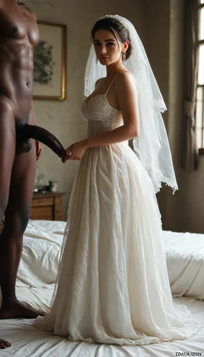 interracial, (super massive extra large black dick), .
A vintage, slightly damaged photograph style of an Iranian bride and groom seated closely on a worn-out bed in a dimly lit bedroom, accompanied by their black skin master standing softly behind them. The bride wears a traditional white dress with delicate lace, the groom in a classic dark suit, and the friend in culturally rich, colorful attire. Warm, low-key lighting casts gentle shadows, creating an intimate, nostalgic atmosphere. Subtle film grain, light scratches, and faded edges add to the authentic aged effect. Expressions are tender and reflective, evoking bittersweet memories and deep connection.










. adjusting, BadX, bad, anatomy, hands, feet, <lora:badanatomy_SDXL_negative_LORA_SeaArtXL_v1:.9>, <lora:MJ52:1>
