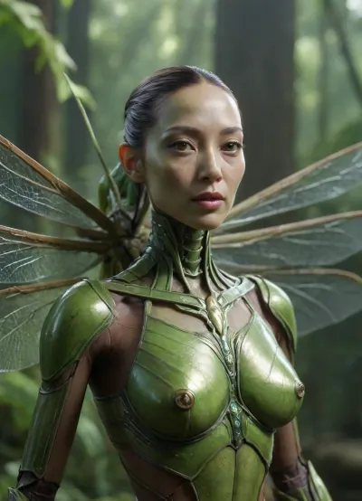The mantis imitates an oriental woman wearing transparent full breasts made of cicada wings, female mantis, (human face), (mantis body), (full body photo), takeya_sw, armor, <lora:niohxlguardiansprt-step00000420:2>, <lora:Takeya_sw-000001:2>