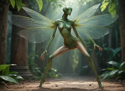 The mantis imitates an oriental woman wearing a transparent sleeveless bikini made of cicada wings with full breasts, walking and climbing on four legs like a mantis, (with a human face and a mantis body)