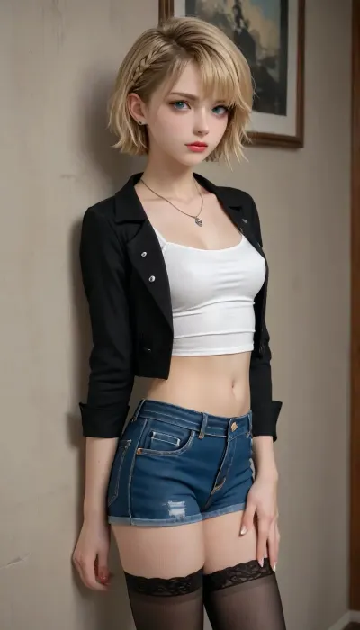 beautiful girl, short haircut, pixie, blonde, denim leggings, bare breasts, looking at the viewer, detail xl, Real Black FF Stocking, WhiteRealStockings, braided, 80s, punk, clothing, <lora:80s_punk_clothing:1>