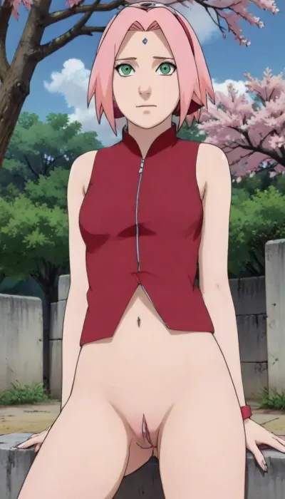 19 year old nude petite anime woman, open clothes, lifted skirt, diamond-shaped forehead mark, small boobs exposed, small vagina exposed, tiny nipples, line drawing, lineart, 2D, sketch, manga, hentai, Sakura, Haruno, Anime-style, cherry, blossom, sitting, leaning, tree, legs, open, (boruto_sakura_xl, pink, hair, haruno, sakura, green, eyes), (anime, coloring, red, hairband, facial, mark, forehead), sak_nar, pink, hair, <lora:Sakura_Haruno_Best1_Edited:1.2>, <lora:Boruto_Sakura_XL:.8>, <lora:XL-WomanBodyV2:.1>, <lora:SakuraXL:.4>
