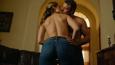 Wide angle full shot of a man and topless woman standing and looking at each other. Viewed from a rear angle, (She is shorter than him:1.1), (She has brown hair with blonde highlights), she is wearing black lacy thong and stockings and no bra, He is wearing jeans and no shirt, (Kissing:1.4), Ultra-realistic. Cinematic. Detailed., (40 years old:1.1), (wide hips), (stocky build), cellulite, (small breasts), ., (He is unbuttoning his jeans:1.1)