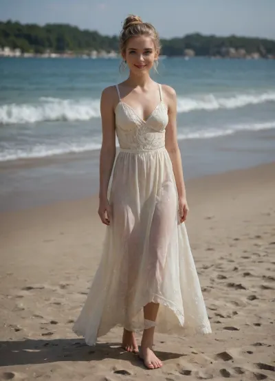 18-yo blonde white girl, smiling, solo, bun of blonde hair, medium, (3.0), standing on a sandy beach, yellow flower summer dress, full body play of light and shadows, very detailed, highres, 8k, photorealistic, intricately detailed face