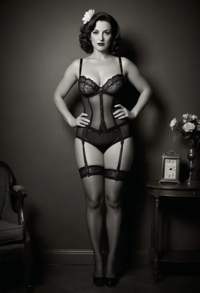 A vintage black and white photograph of a curvy mature milf 40 years old posing confidently. full length body view, She wears old fashioned victorian style underwear, Her hair is styled in retro waves adorned with a floral accessory. The background features soft shadows, adding a dramatic effect to the scene. The overall aesthetic conveys a blend of classic glamour and modern sensuality, evoking the charm of mid-20th century fashion photography., DDpencil, drawing, Retro, pantybriefs, wearing, underwear, thighhighs