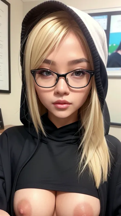 blond woman with glasses and a black hoodie taking a selfie, a screenshot, a character portrait, inspired by Lü Ji, realistic anime 3 d style, realistic human face, realistic anime face, 3d character realistic, very realistic face, Big boobies, Black Shirt, Liftin Shirt, Show boobies, invisible Shirt, easynegative, shirtlift, bhands, See, "Trigger, List", <lora:shirtliftv1:2>, <lora:InstantPhotoX3:.5>, <lora:Breast Helper - [Concept] - Version 1.2:1>