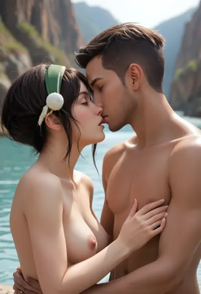 ((two people)), from The Legend of Korra, holding each other, (naked), passionately, (kissing), (eyes closed), BREAK Toph, BREAK, (taller Water Tribe Man), ((dark skinned:1.9)), (brown hair), short Mohawk and Goatee.