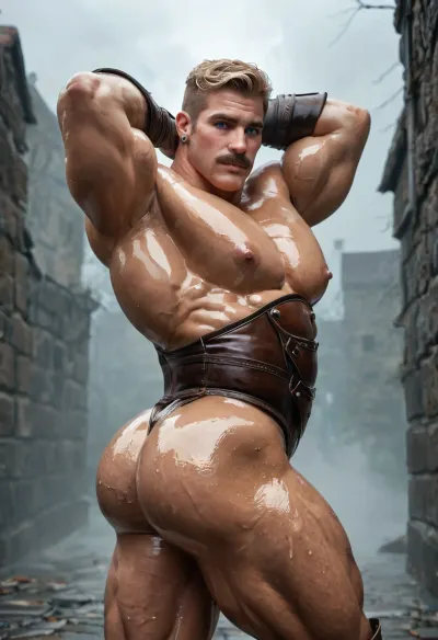 A beefy bara blond macho male, 30-years-old, beefy muscular bodybuilder, (muscles:1.3), clear blue eyes, short blond hair fun style, (blond hair:1.3), (big pecs:1.3), (big booty:1.5), clear blond full thick mustache, oiled body, (oiled body:1.3), sexy warrior, wearing torn ripped brown leather armor, dungeon, blushing, (big ass:1.5), brown leather armor, big sword, exhib, fog, (fog:1.3), solo picture, only gay, full-length, arms up