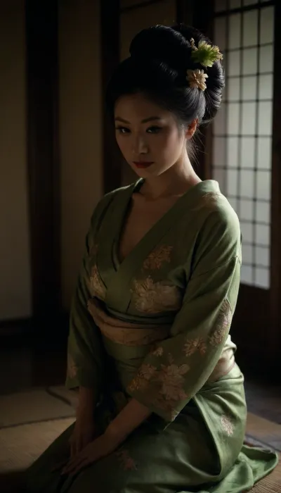 Japanese woman, geisha, kneeling before japanese table, opened kimono, (((undressing))), show nipples, traditional japanese bun, traditional japanese house, tea, green, perfecteyes, <lora:PerfectEyesXL:.5>, <lora:add-detail-xl:.8>, <lora:dark:.8>