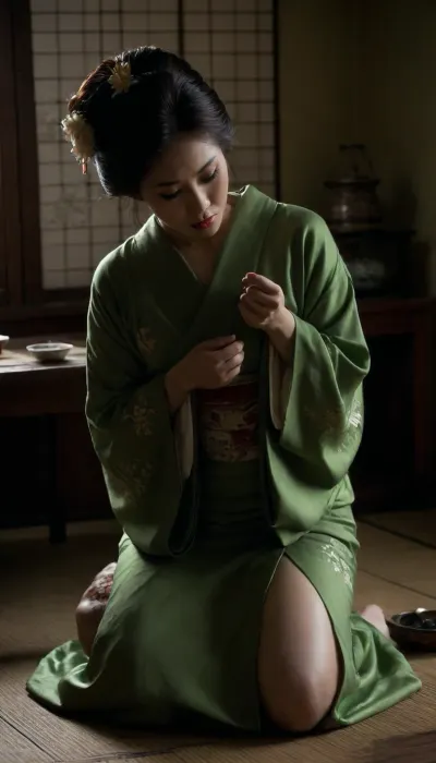 Japanese woman, geisha, kneeling before japanese table, opened kimono, undressing, (show nipples), blowjob, traditional japanese bun, traditonal jamanese make-up, traditional japanese house, tea, green, perfecteyes, <lora:PerfectEyesXL:.5>, <lora:add-detail-xl:.8>, <lora:dark:.8>