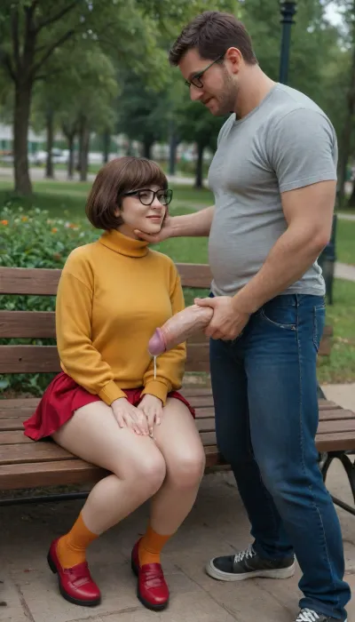 A man is sitting on a bench in a park next to tiny velma, velma is 48in, tiny woman, skinny, big tits, the man has a huge cock, (12in), massive dick, velma has torn clothes, tits showing through the holes, full body view, 40 yo man, man smiling to camera, in park, man is dressed with open pants, erection, massive cock, gigantic cock, hard cock, velma is groping his cock, handjob, velma is covered in cum, cum all over her body, man and velma are full in frame