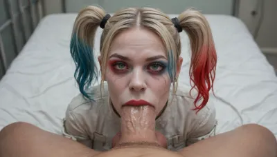 (Harley Quinn), (restrained by white straitjacket:1.4), (drugged face:1.8), (wet huge dick:1.4), (extreme oral sex:1.4), (pov), (mental hospital room)