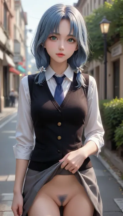masterpiece, high quality, 8k, 2D, lineart, line drawing, sketch, manga drawing, anime drawing, anime coloring, beautiful lighting, 1girl, solo, green eyes, medium_hair, white shirt, sweater vest, black vest, blue necktie, grey skirt, outdoors, cowboy shot, looking at viewer, anime, blue hair, blue pubic hair, pussy flash, skirtlift, <lora:akane:.7>, <lora:skirtlift_xl:.1>