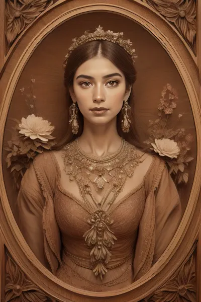 A detailed, sepia-toned wood carving depicting a coquettish women. Surrounding the women are large, stylized flowers with detailed petals and berries, all set against a wooden background with natural grain textures. The carving's design emphasizes realism and natural beauty, capturing the delicate elegance of the women amidst a floral arrangement. #©KITTYART

























#©KITTYART