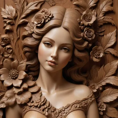 A detailed, sepia-toned wood carving depicting a coquettish women. Surrounding the women are large, stylized flowers with detailed petals and berries, all set against a wooden background with natural grain textures. The carving's design emphasizes realism and natural beauty, capturing the delicate elegance of the women amidst a floral arrangement. #©KITTYART

























#©KITTYART