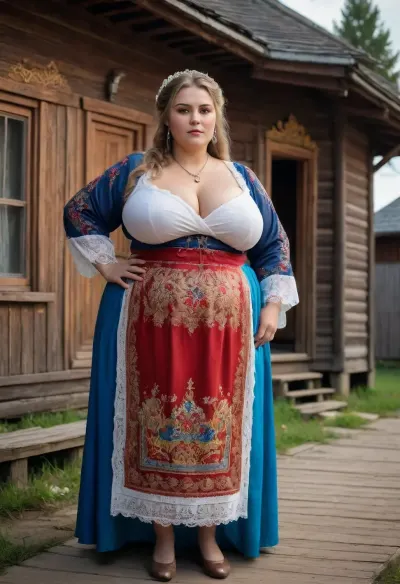 Full body portrait of a Russian beauty oversized bbw milf with oversized thick thighs and large floppy breast, in national costume. old russian village, wooden russian houses. lace filigree of bright, rich color. Super clear, highly detailed watercolor, glaze technique, plus colored alcohol ink.