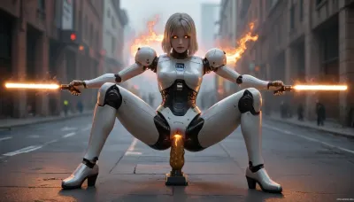 android girl, robot, pussy, metalic, full body, laser eyes, being fucked by robotic cock