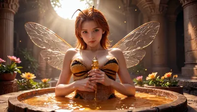 (masterpiece), (ultra realistic:1.8), (8k), (ultra high quality), (detailed:1.23), unforgettable, impressive, Three-dimensional, dim volumetric, full body view, epic, gorgeous, (Irish ginger girl), (humanoid transforming in bee:1.5), insect wings, six insect paws, relaxing inside a huge flower, masturbating while covered in honey, honeycombs in hand, insect, yellow and black, huge boobs, pussy, bee wings, antenna, Insecthybrid, skin covered with, honey, (dark theme), vibrant colors, high contrast, perfect composition, cinematic lighting, taken by professional photographer, award winning photo, warm ambient, dramatic, rays of the sun, blissful, radiant, divine presence, (large breast, volumetric shadows, no arms, (armless:1.2), upper body, yellow glowing, neon:1.2), masterpiece, best quality, highly detailed, sharp focus, dynamic lighting, large breasts, naughty look, pov, (full body view:1.3), disgraced, (blush), girl, bee, <lora:InsectHybridSDXL:2>, <lora:324711_training_data:.8>, <lora:HoneyCoveredXL_v1:1.2>, <lora:PAseer-SDXL-AcceleratorLighting:.5>