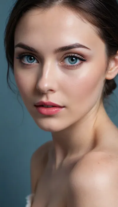 ziprealism, (closeup face portrait, sharp focus, focus on eyes, perfect eyes), (adorable woman, romantic esthetic, loving eyes, shy expression, bashful pose, uncertain eye contact:1.6), (vibrant blue eyes, extreme eye detail, glistening eyes, catchlights:1.4), (glossy black hair, thick hair, center-parted hair, stray hair, cascading hair framing face:1.2), (chiseled cheekbones, delicate face, sensual lips, defined jawline, bold eyeliner, dimples, soft bashful smile, flawless porcelain skin:1.4), shallow depth of field, bokeh background, RAW photo quality, (rule of thirds composition, negative space, symmetry, symmetrical:1.2), slightly leaning forward, chin slightly lowered, symmetry, style by anton semenov, high fashion, luxurious, extravagant, stylish, opulent, elegance, (low-light, low-key, dramatic lighting, contrasting shadows:1.4), <lora:zavy-cntrst-sdxl:1.5>