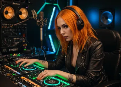 (goth:1.1), nude, woman, at, dj, desk, (bright orange hair:1.4), detailed, eyes, beautiful, hands, orange, nails, realistic, dj gear, (dark studio room), (green neon lighting)