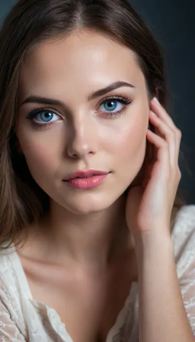 ziprealism, (closeup face portrait, sharp focus, focus on eyes, perfect eyes), (adorable woman, romantic esthetic, loving eyes, shy expression, bashful pose, uncertain eye contact:1.6), (vibrant blue eyes, extreme eye detail, glistening eyes, catchlights:1.4), (glossy black hair, thick hair, center-parted hair, stray hair, cascading hair framing face:1.2), (chiseled cheekbones, delicate face, sensual lips, defined jawline, bold eyeliner, dimples, soft bashful smile, flawless porcelain skin:1.4), shallow depth of field, bokeh background, RAW photo quality, (rule of thirds composition, negative space, symmetry, symmetrical, short focal length:1.2), slightly leaning forward, chin slightly lowered, symmetry, style by anton semenov, high fashion, luxurious, extravagant, stylish, opulent, elegance, (low-light, low-key, dramatic lighting, contrasting shadows:1.4), <lora:zavy-cntrst-sdxl:1.5>