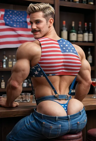 A beefy bara blond macho male, 30-years-old, beefy muscular bodybuilder, (muscles:1.3), clear blue eyes, (blue eyes:1.3), short blond hair fun style, (blond hair:1.3), (big pecs:1.4), (big booty:1.6), clear blond full thick mustache, angular jawline, sitting on bar tool, bar saloon, bar is full of mens, view from rear back, shameful posing exhibiting his body, blush, men drooling, wearing denim short, extremely short denim, suspenders, thong apparent, cheeks apparent, butt visible, big bulge, (american flag crop-top:1.5), six pack abs, showing body, exhib butt, (big booty:1.5), hot sexy man, arrogant smile, tremble, surrounded by horny mens, from behind view, sexy poses, cool poses, teasing boy