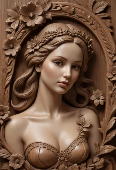 A detailed, sepia-toned wood carving depicting a coquettish slavic women. Surrounding the women are large, stylized flowers with detailed petals and berries, all set against a wooden background with natural grain textures. The carving's design emphasizes realism and natural beauty, capturing the delicate elegance of the women amidst a floral arrangement. #©KITTYART

























#©KITTYART