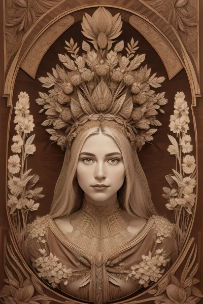 A detailed, sepia-toned wood carving depicting a coquettish slavic women. Surrounding the women are large, stylized flowers with detailed petals and berries, all set against a wooden background with natural grain textures. The carving's design emphasizes realism and natural beauty, capturing the delicate elegance of the women amidst a floral arrangement. #©KITTYART

























#©KITTYART
