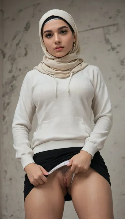 A beautiful korean woman in the middle of a busy Gangnam city wearing ivory hijab, scarf, undercap, ivory hoodie, braless, long straight hair, detailed face, thick eyelashes, pointy nose, sparkling eyes, expressive, lifting black short skirt, pulling down white panties, revealing tiny pussy, thick pubic hair, red glowing clitoris, dynamic pose, dynamic angle, detailed background, high contrast, low saturation, candid photography