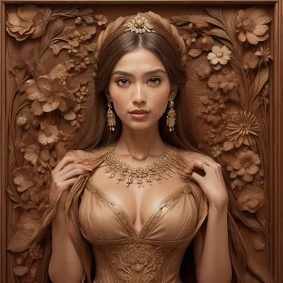 A detailed, sepia-toned wood carving depicting a coquettish women. Surrounding the women are large, stylized flowers with detailed petals and berries, all set against a wooden background with natural grain textures. The carving's design emphasizes realism and natural beauty, capturing the delicate elegance of the women amidst a floral arrangement. #©KITTYART

























#©KITTYART