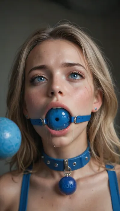 20 year old girl, saliva trail, (drooling:1.3), (blue ball gag:1.4), saliva, ecstasy, pleasure, fear, pain, collar, straps, suffering, sweat, tears, small breast