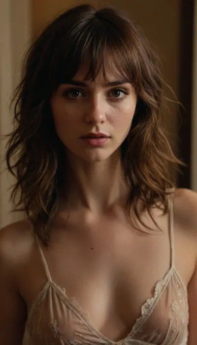 young woman, (shoulder length hair, messy hair:1.3), (warm brunette hair:1.2), (feathered bangs, feathered fringe:1.2), (chemise babydoll negligee), (nose ring:1.1), (natural skin texture:.9), (soft lighting:.8), indoor, bathroom, square jaw, sharp jawline, (slightly messy:.7), realistic, detailed face, (subtle makeup:.6)