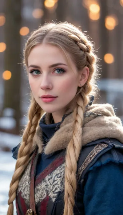 A fiercely proud Nordic girl stands, her presence exuding unwavering strength. Her blonde braids cascade down her back, framing a face marked by determination and resilience. This stunning portrait captures her piercing blue eyes, reflecting the icy landscapes of her homeland. The intricate details of her embroidered Viking armor and fur-lined cloak speak of her warrior spirit. This high-quality painting seamlessly combines power and grace, drawing the viewer into the captivating story of a fierce Nordic warrior princess. body manipulations, divine proportion, non-douche smile, gaze into the camera, holographic shimmer, whimsical lighting, enchanted ambiance, soft textures, imaginative artwork, ethereal glow, silent Luminescence, whispering Silent, iridescent Encounter, vibrant background, full body, (((rule of thirds))), high quality, high detail, high resolution, (bokeh:2), backlight, (long exposure:2)