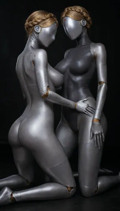 2girls, Two atomic heart twins, kneeling gracefuly, nude, ouching each other ass, spreading ass, ass back, focus on ass, cameltoe, black background, AtomicHeartTwinsCosplay, woman robot, face covered by glistening blister, joints, blond hair, thighhighs, redstar on forehead, full bodysuit, thigh gap, large breasts, reflexion, raw, lighting, overexposed, harsh, flash, <lora:AtomicHeartTwinsCosplay_SDXL:2>, <lora:Twins1024:.8>, <lora:Rawfully Stylish v0.2_epoch_20:.8>