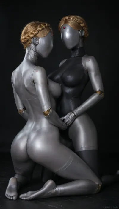 2girls, Two atomic heart twins, kneeling gracefuly, nude, ouching each other ass, spreading ass, ass back, focus on ass, cameltoe, black background, AtomicHeartTwinsCosplay, woman robot, face covered by glistening blister, joints, blond hair, thighhighs, redstar on forehead, full bodysuit, thigh gap, large breasts, reflexion, raw, lighting, overexposed, harsh, flash, <lora:AtomicHeartTwinsCosplay_SDXL:2>, <lora:Twins1024:.8>, <lora:Rawfully Stylish v0.2_epoch_20:.8>