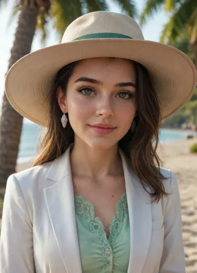 score_9, score_8_up, score_7_up, Hdr, uhd, 4k, AnadeArmasExl, dimple on chin, ((white satin business suit blazer, white blazer open, green blouse)), sun burnt skin, smiling, near tree, standing, detailed face, detailed lips, detailed nose, detailed eyes, on camera, asimetrical pose, sexy pose, ocean, evening, palm trees, tropical island, setting sun on background, rim sunlight, summer hat, warm olive skin tone, expressive almond-shaped eyes, (slightly upturned at outer corners), soft brown eyes with golden specks, defined dark brown arched eyebrows, straight elegant nose with subtle rounded tip, full lips, (slightly fuller lower lip), distinctive small mole above upper lip on the right side, high cheekbones, soft jawline, youthful glow, natural makeup, (nude lips, subtle mascara, soft blush), Soft natural light, shallow depth of field, portrait photography style., <lora:253562_training_data:.8>