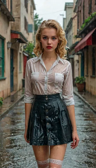 Strong 1950s retro vibe, in 1951 a breathtakingly beautiful 18-year-old blonde coed dressed in a school uniform stands outside a soda joint in the pouring rain, medium natural breasts, white button-down shirt, (plaid miniskirt), (very thin fabric), no bra, white lace socks, saddle shoes, makeup, beautiful expressive eyes, romantic, lots of rain in the air, retro 1950s hair and makeup and clothes and setting, masterpiece, key visual, incredibly detailed, score_9, soakingwetclothes, <lora:soakingwetclothesXL:1>, <lora:style_lora_realis:1>