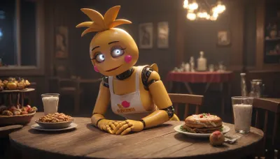Toy Chica from Five Nights at Freddy's sitting on a festive dining table in a dimly lit, eerie atmosphere. The room is decorated with broken party props and flickering lights, creating a creepy vibe. She has a playful yet unsettling expression, with her yellow animatronic body visible, (no apron), . Her chest is sizeable, (two size), and she sits with her legs slightly spread, hands resting on the table. The scene is dark and cinematic, emphasizing shadows and a horror-themed ambiance. The style should mimic the FNAF games’ animatronic design, with glossy plastic textures and glowing eyes