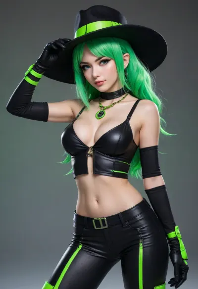 A detailed piece of artwork depicts a flirtatious, anime-style woman with aroused skin and bright green hair. She wears a black crop top with an open front, revealing her cleavage, and matching high-waisted pants with green accents. Her outfit is complemented by a large flat black hat, fingerless gloves, and a necklace. The background features a swirling, neon green design, creating a futuristic look. Confident pose. #©KITTYART

























#©KITTYART