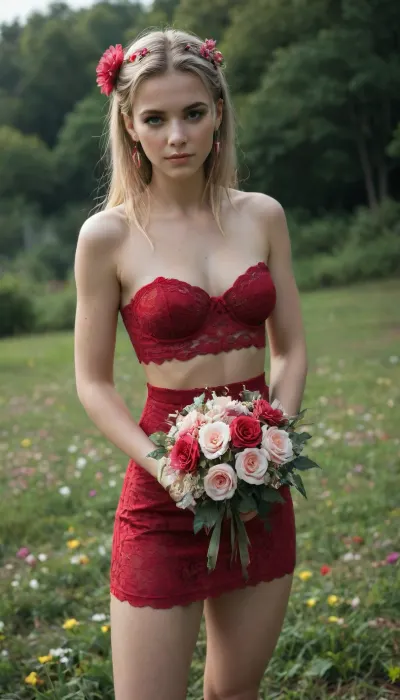 a woman in a skimpy red lace minidress it lies in a meadow of flowers in the tall grass, cyberpunk art, computer art, by Lü Ji, cgsociety 9, female cyberpunk anime girl, oppai cyberpunk, cyberpunk beautiful girl, cyberpunk anime girl, (flowers in hair), (Blonde hair with pink streaks), (She holds a bouquet of flowers), no underwear