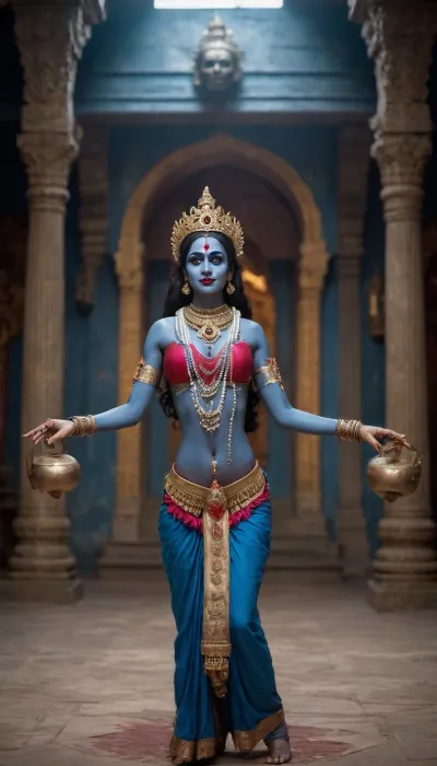 ((Indian goddess Kali)), Six arms, thin waist, blue skin, large round breasts, nude, necklace of human skulls, dancing bharatanatyam in an ancient Indian temple, full body view, quality 8K