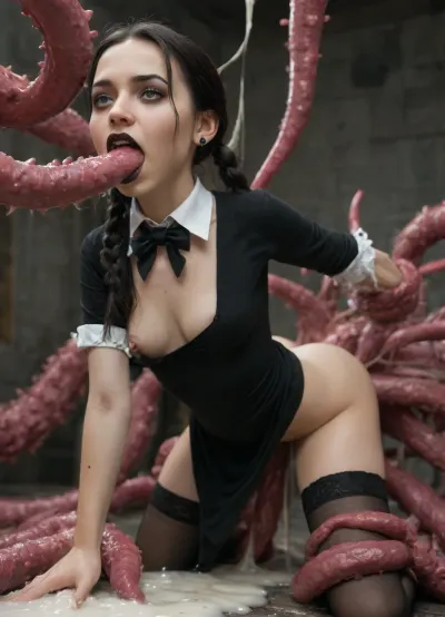 ((young adult girl 18 year old, Wednesday Addams, fucked in ass side front view in cum lair)), ((medium chest)), bent over roughly by force, giant tentacles, legs pulled by multiple beast clawed spiked barbed giant tentacles, raped by large barbed spiked clawed tentacle monsters, black long platted pigtails hair, black lipstick, ((extremely skinny)), long black dress with high white collor black stockings and garterbelt, one breast falling out, ((a gigantic clawed spiked barbed tentacle monster is aggressively fucking her from behind and holding her with spiked clawed barbed tentacles in a cum pit lair)), (double penetration), ((detail tentacle fucking her ass)), tongue out, ((extremely intensely bored facial expression)), ((anxious)), side view, wet, eyeliner, emo, makeup, goth