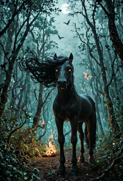 (evil black horse towards viewer:1), long black hair, wind blowing, tall dark haunted forest, vines, (distant crows:1.2), night, vibrant glow of fire and flickering fireflies, realism, mysticism, haunting beauty