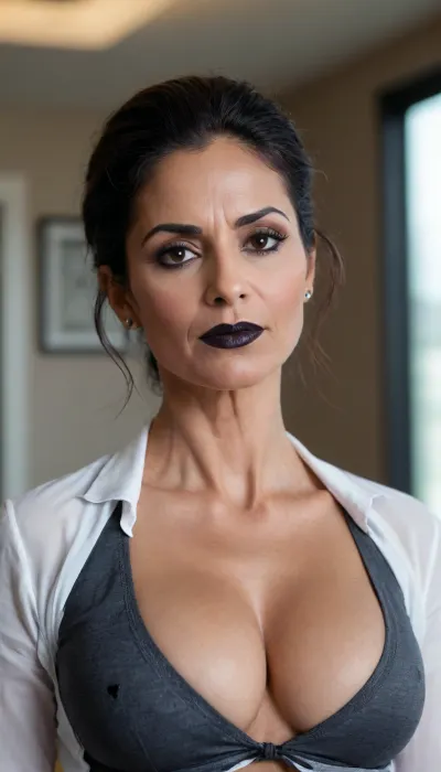 50yo old buff muscular black lipstick arab woman, long hair, wearing office shirt bra, showing nipples clearly, heavy make-up, hair tied up professionally. Focus on face, flat chest, standing