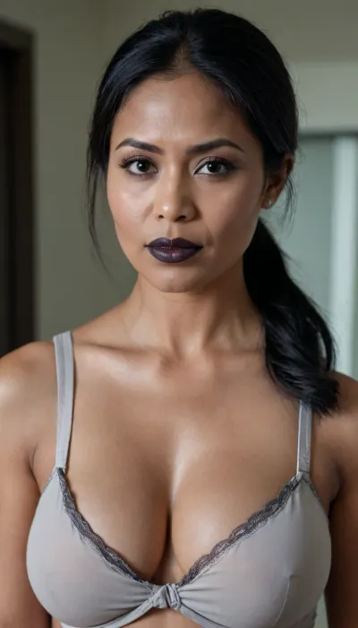 40yo old buff muscular black lipstick indonesian woman, long hair, wearing office shirt showing bra, exposing nipples clearly, heavy make-up, hair tied up professionally. Focus on face, flat chest, standing