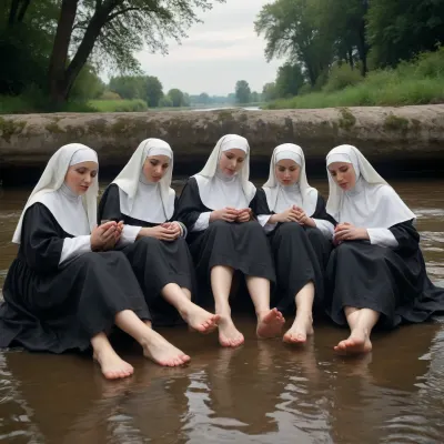 medieval painting of a group of clothed nuns laying on the edge of a river showing their feet soles wet with milk, (soles), (feet), 3/4 view, they are laying on their backs, raising their feet up, (wet soles)