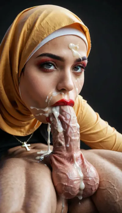 muslima with black tight hijab, necklace with inverted cross, (69 position:1.4), (large veiny cock), wide hips, black background, blowjob, deepthroat, (detailed mouth), enjoying, tiny earrings, red lipstick, full lips, throat blowjob, huge cock, 20 inch penis, big testicles, she touches his testicles, (stretches the throat:1.1), throat bulge, sucking a huge 20 inch penis, ballsdeep, throated, squeezing his balls, cumshot, cum explosion in mouth, leaking excessive cum, excessive cum on testicles, excessive cum dripping from penis, excessive cum on face.