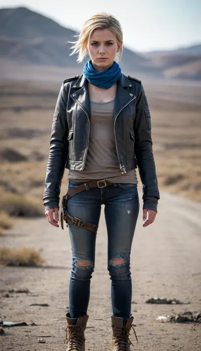 a loner girl, a survivor in a post-apocalyptic world, a sturdy leather jacket with metal inserts and scuffs, short disheveled blond hair tied with a bandana, realistic, cinematic perspective, cinematic lighting, athletic build, determined face, bright blue eyes, alert posture, overcoming a deserted wasteland Source, post-apocalyptic art, evaluation_ obvious, expressive, full-length, dynamic pose