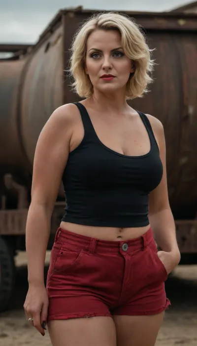 A RAW photo, Pin-up curvy Georgian tourist women 50 yo, in Wasterland, (scared attitude:1.1), in tank top and shorts, ((completely clothing)), (view from side), blonde messy bob side haircut, ((makeup:1.4)), 1/2 length view, (4K, high resolution, best quality), fnvlegionslave, Wasteland, clothes