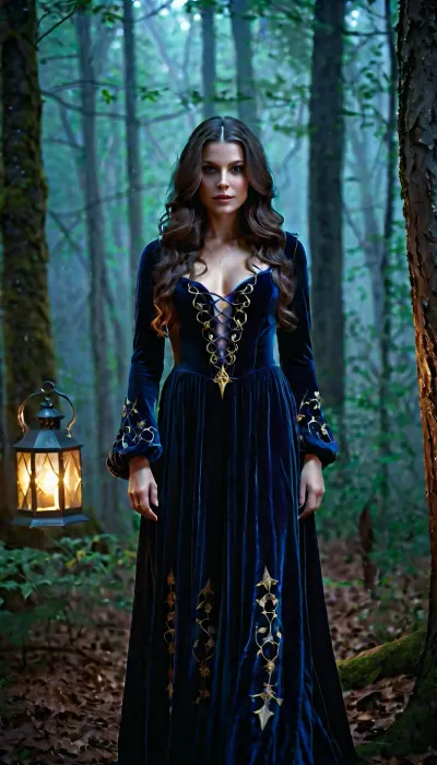 full body photo, Salem Witch, a charming witch with long, wavy hair that shimmers with all the shades of the night sky, and deep eyes full of secrets. She is dressed in an elegant dress of dark velvet, decorated with mystical symbols. the atmosphere of a mysterious forest shrouded in fog, with flickering lights and the whisper of ancient trees. elegant, concept art, sharp focus, beautiful face, digital art, hyperrealistic, 4K, Unreal Engine, high detail, HD, dramatic lighting by Brom